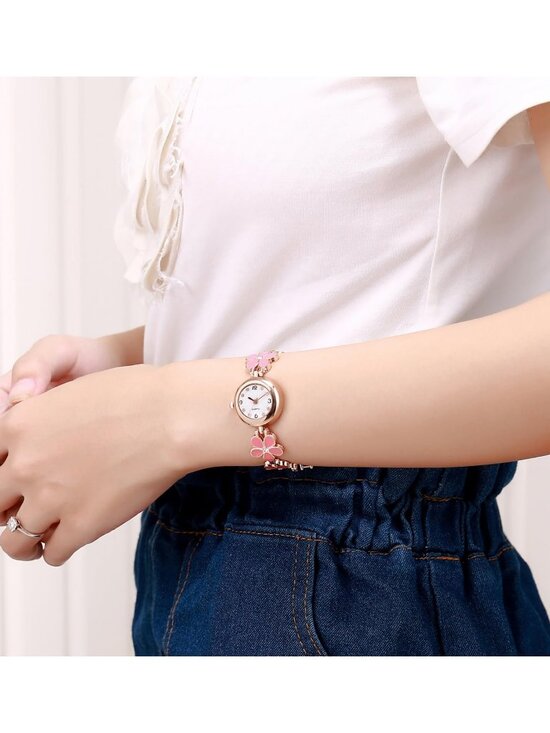 Women\'s Pink Analog Quartz Bracelet Set Fashion Waterproof Flower Shaped Watch main image 6